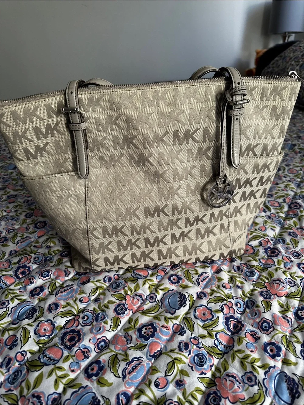 Michael Kors Grey MK Logo Tote with Silver Tone Charm